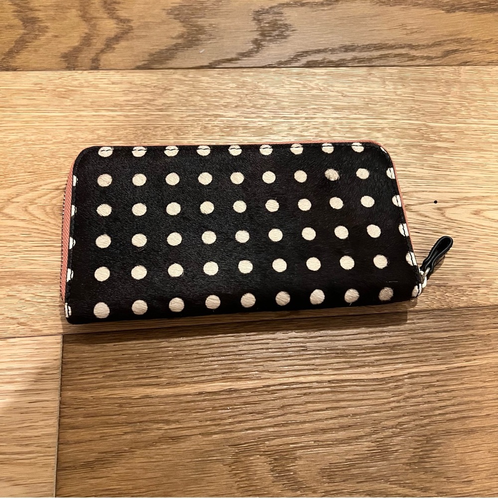 Anthropologie Miss Albright calf hair polka dot wallet with pink trim
